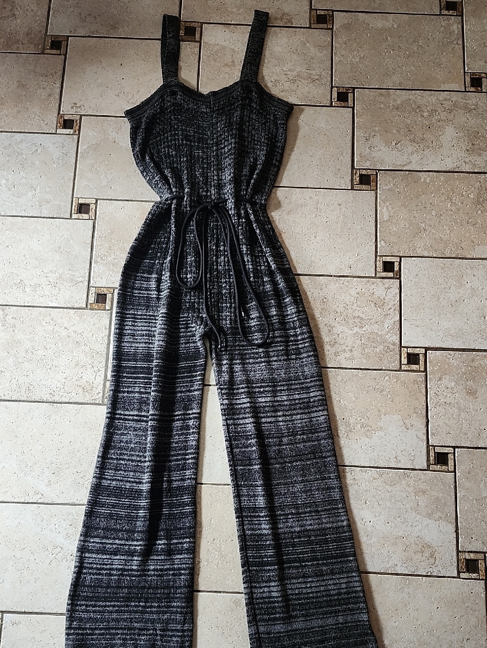 Vtg Harmonie Black Gray Striped Knit Jumpsuit Medium